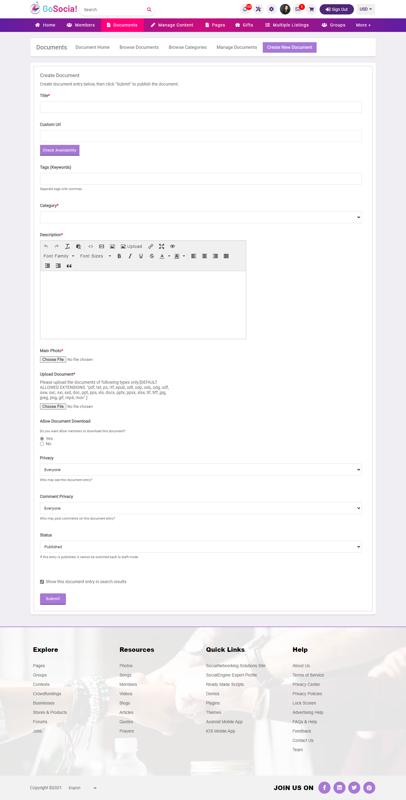 Create New Document Page
