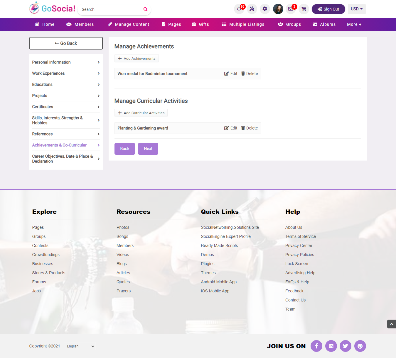 Add Achievements & Co-Curricular Page