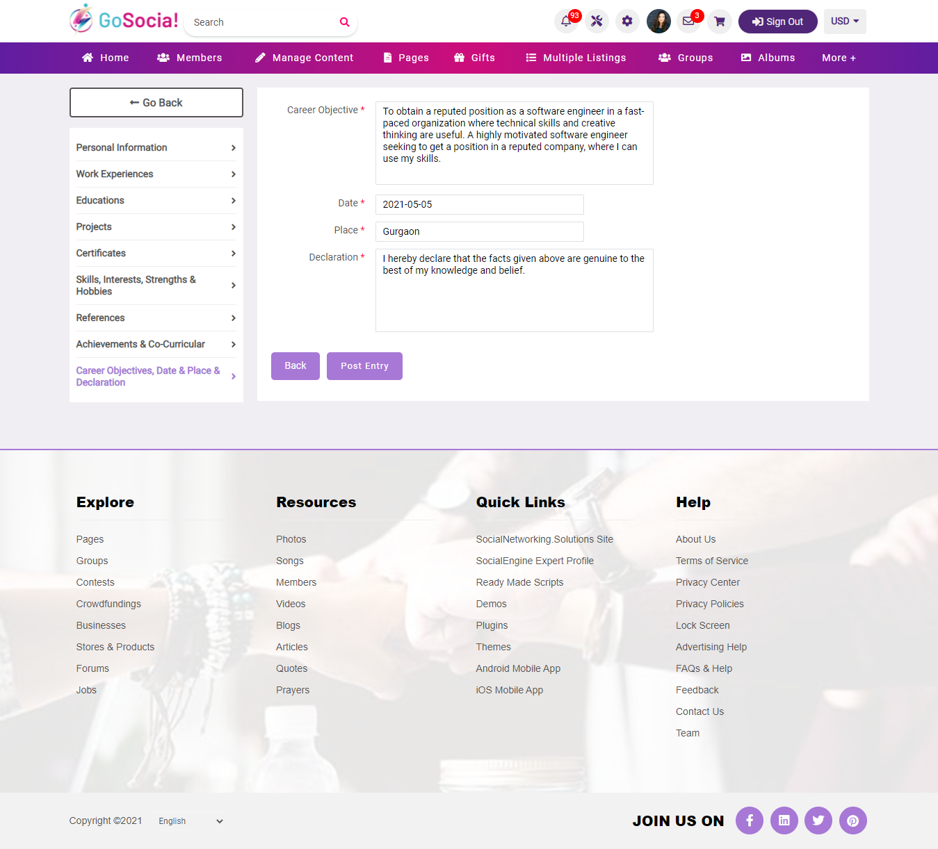 Add Career Objectives, Date & Place & Declaration Page
