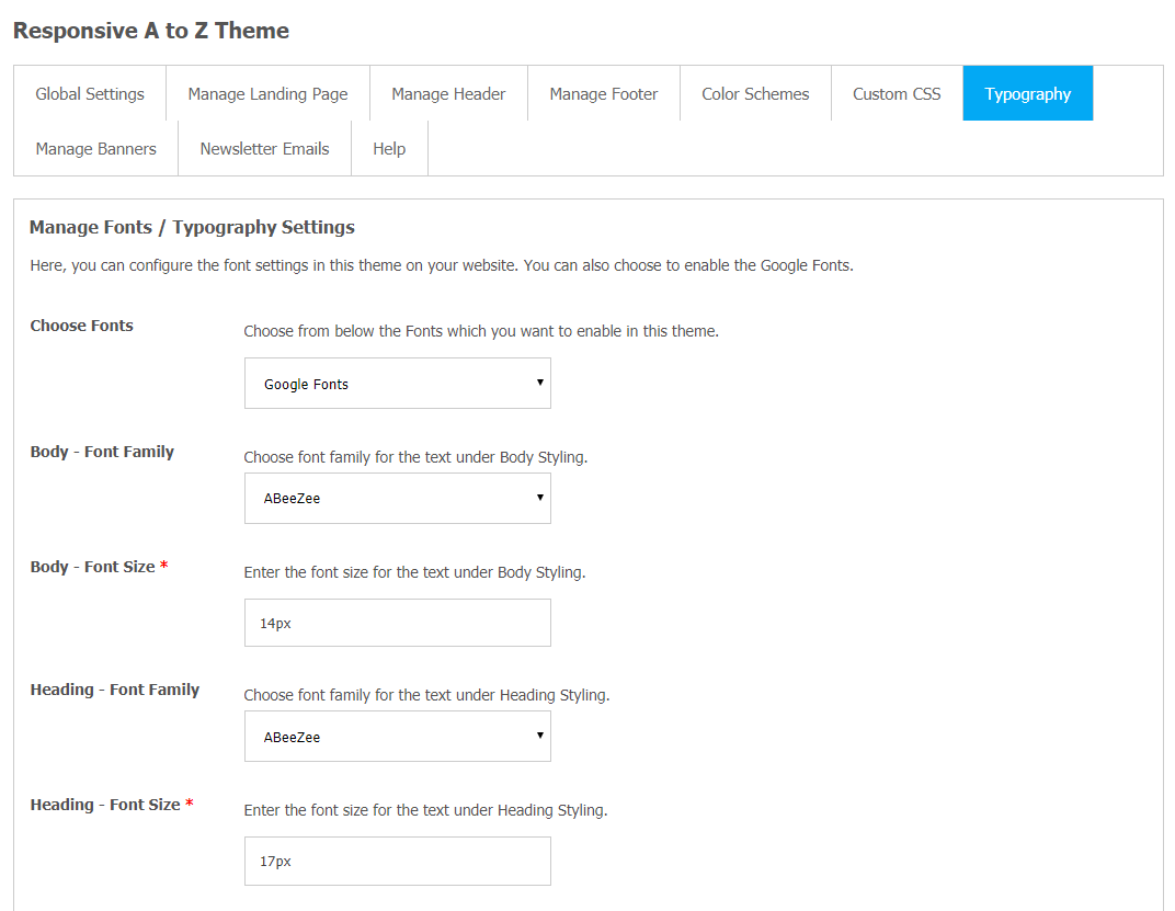 Responsive AtoZ Theme - Website Font Management