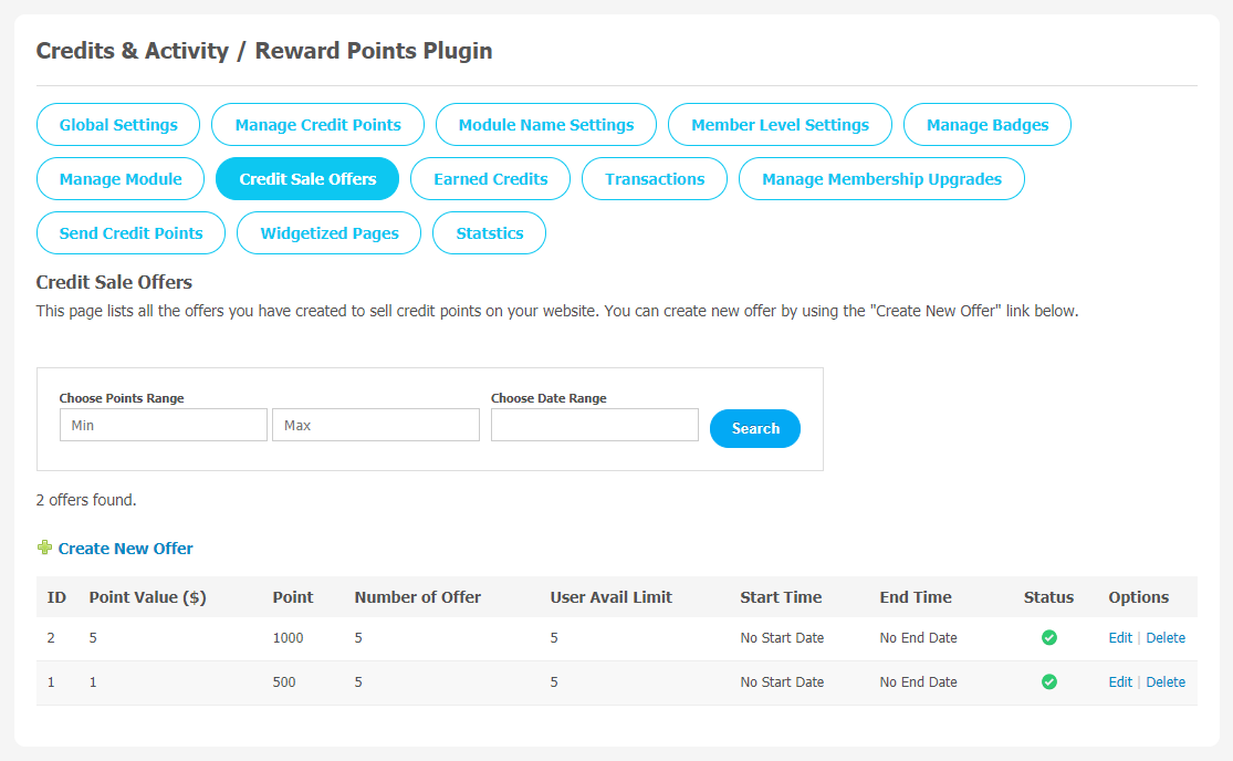Credits & Activity  Reward Points Plugin