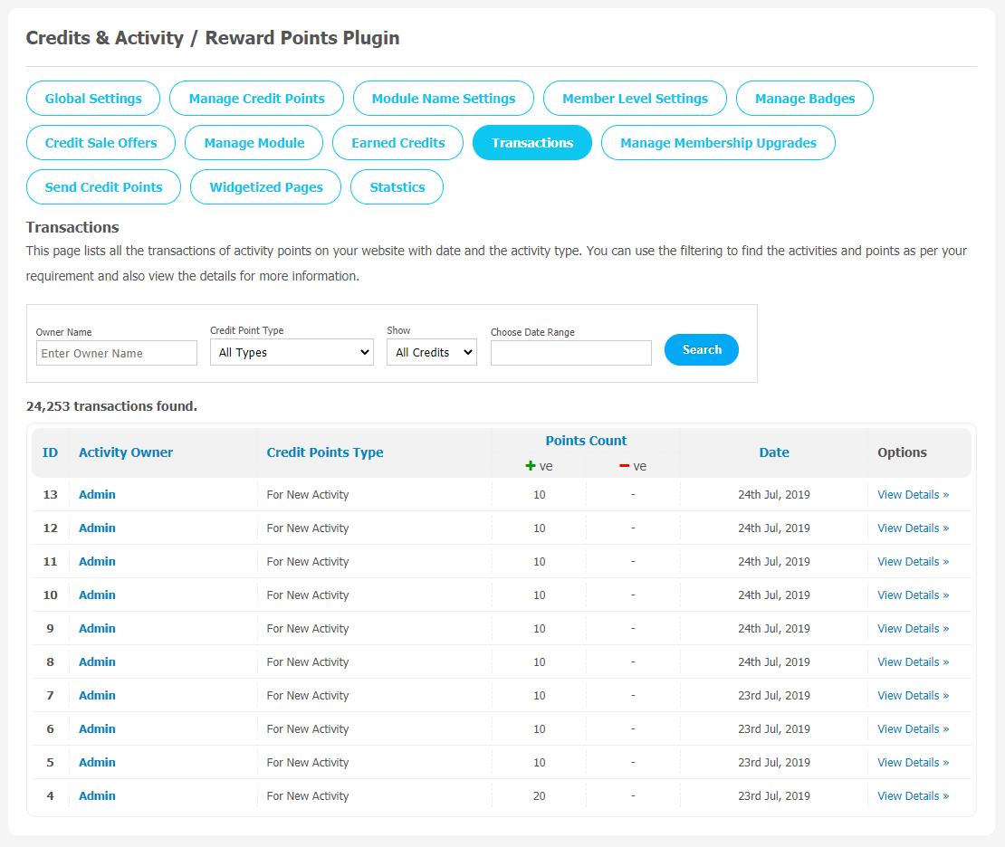 Credits & Activity  Reward Points Plugin