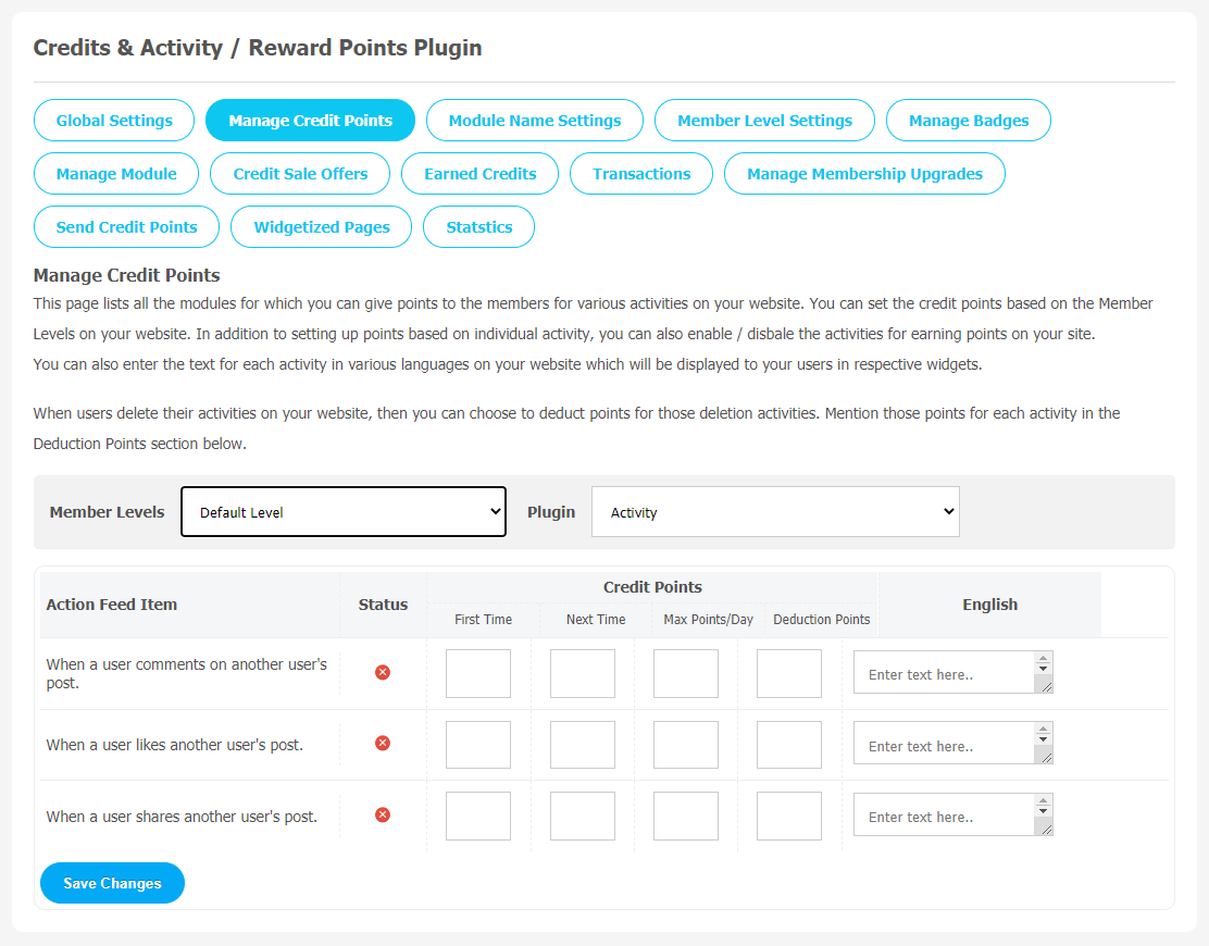 Credits & Activity  Reward Points Plugin