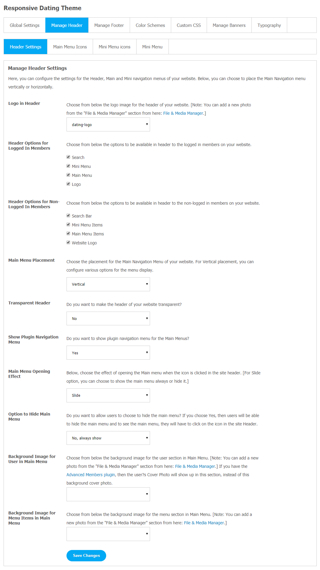 Responsive Dating Theme - Header Setting