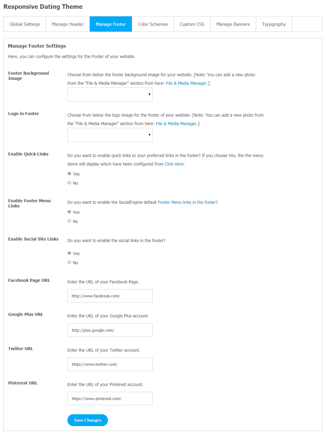 Responsive Dating Theme - Manage Footer