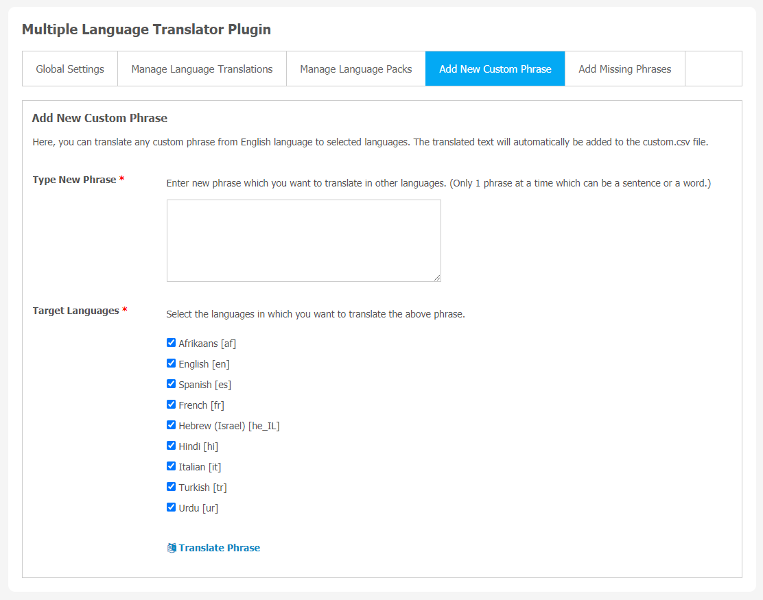 Multiple Language Translator Plugin