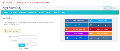 Social Media Login Buttons on Sign In Required Page